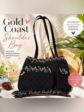 Gold Coast Quilted Embroidered Shoulder Bag | Black Floral Multi Pocket